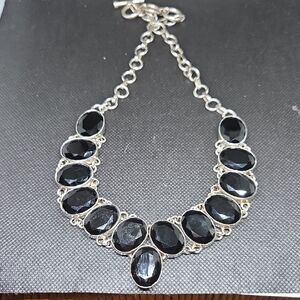 Nwot! Black Onyx Faceted Statement 925 Silver Necklace